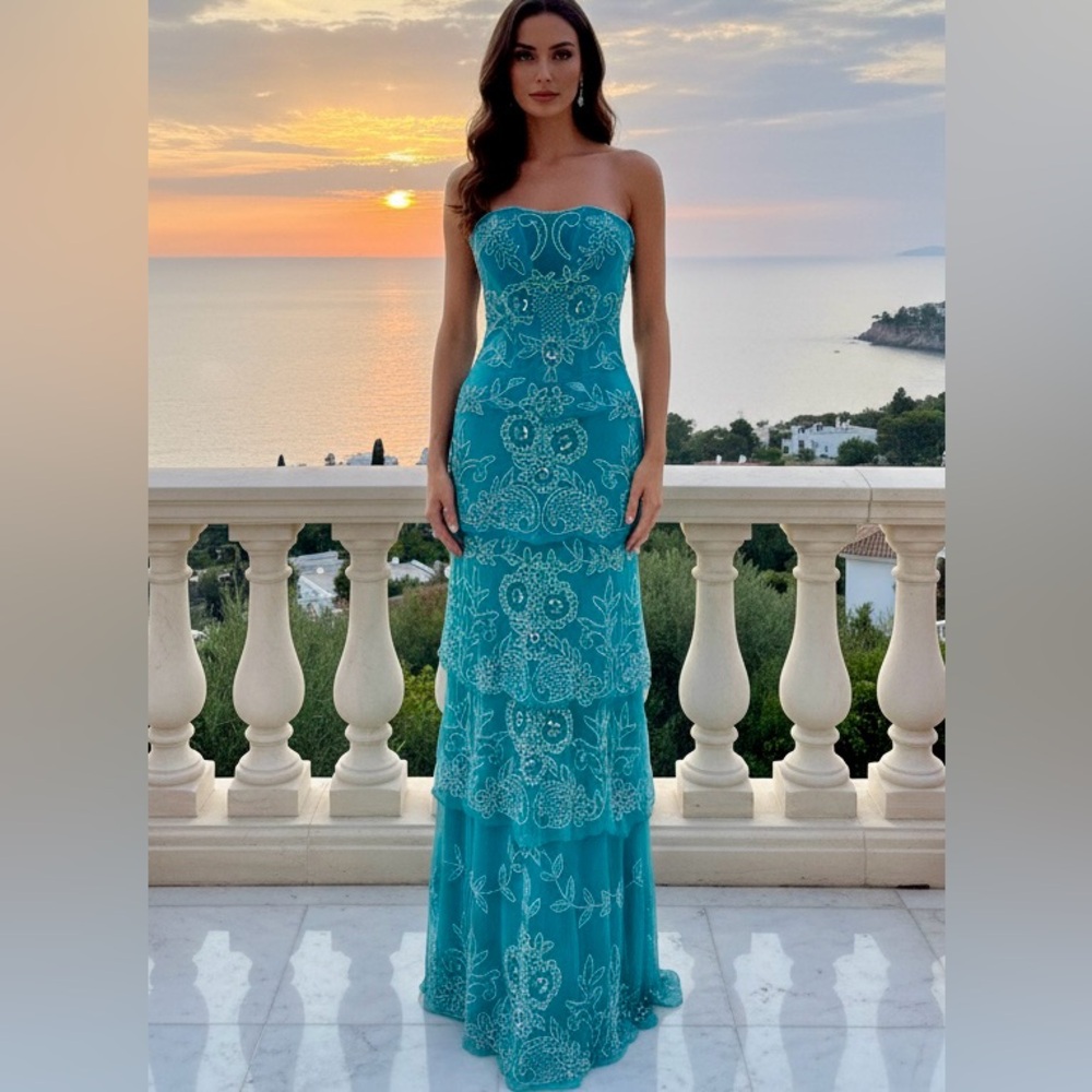 Elegant Strapless Aqua hand, beaded Attitudes by Debra bustier strapless‎ Dress